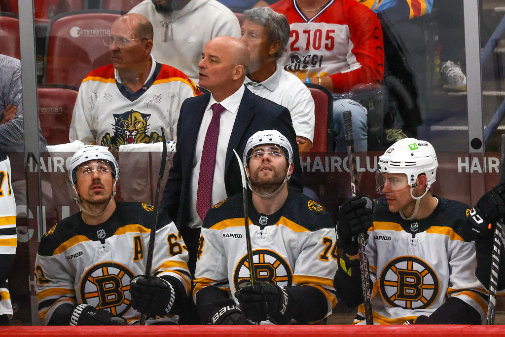 SUNRISE, FL - APRIL 21: Head coach Jim Montgomery of the Boston Bruins looks on during third period action against the Florida Panthers in Game Three of the First Round of the 2023 Stanley Cup Playoffs at the FLA Live Arena on April 21, 2023 in Sunrise, Florida. (Photo by Joel Auerbach/Getty Images)