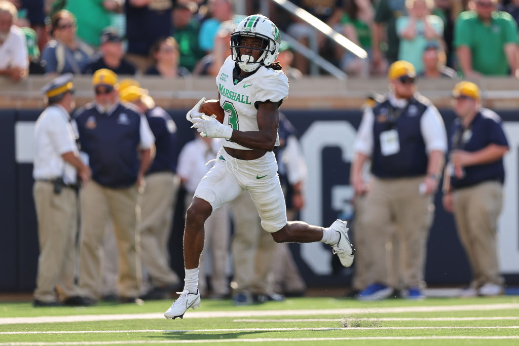 SOUTH BEND, INDIANA - SEPTEMBER 10: Steven Gilmore #3 of the Marshall Thundering Herd celebrates an interception return for a touchdown against the Notre Dame Fighting Irish during the second half at Notre Dame Stadium on September 10, 2022 in South Bend, Indiana. (Photo by Michael Reaves/Getty Images)