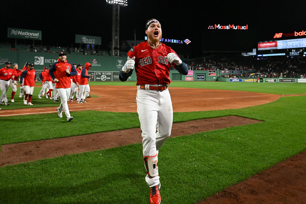 Detroit MI, USA. 12th Apr, 2022. Boston center fielder Enrique Hernandez  (5) gets a hit during the game with Boston Red Sox and Detroit Tigers held  at Comercia Park in Detroit Mi.