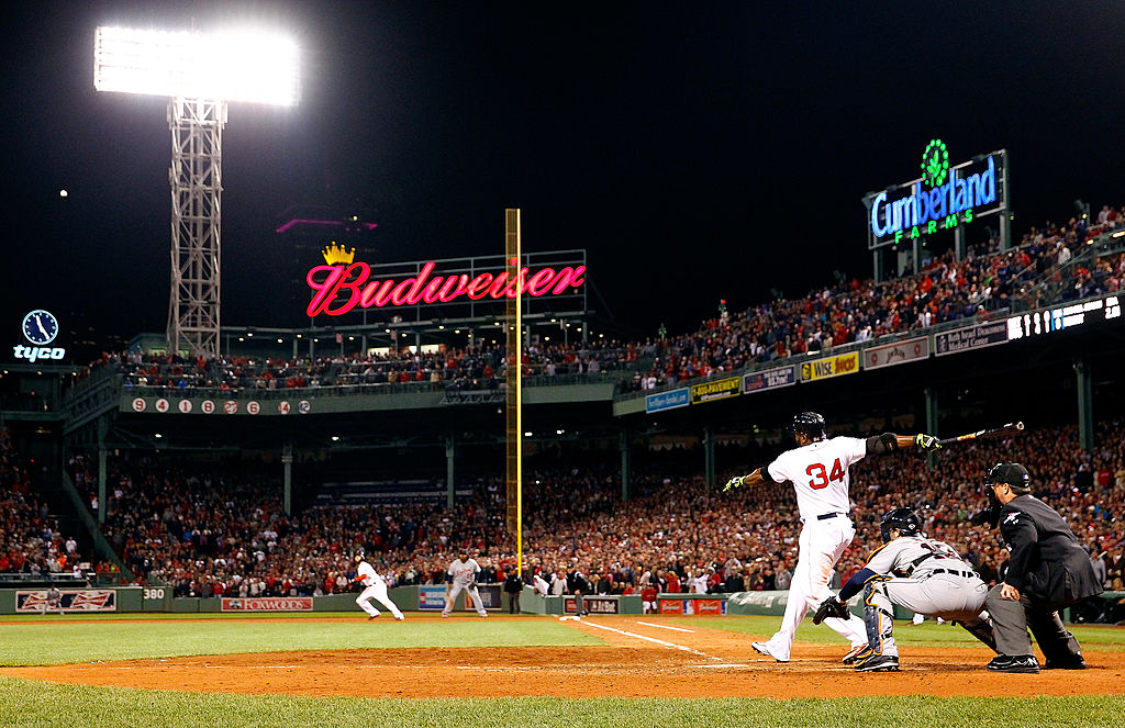 BOSTON, MA - OCTOBER 13: David Ortiz #34 of the Boston Red Sox hits a game-tying grand slam in the eighth inning against the Detroit Tigers during Game Two of the American League Championship Series at Fenway Park on October 13, 2013 in Boston, Massachusetts. (Photo by Jared Wickerham/Getty Images)