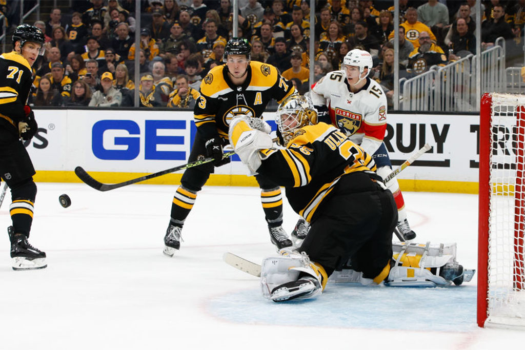 BOSTON, MA - APRIL 17: Linus Ullmark #35 of the Boston Bruins makes a save against the Florida Panthers during the second period of Game One of the First Round of the 2023 Stanley Cup Playoffs at the TD Garden on April 17, 2023 in Boston, Massachusetts. The Bruins won 3-1. (Photo by Rich Gagnon/Getty Images)