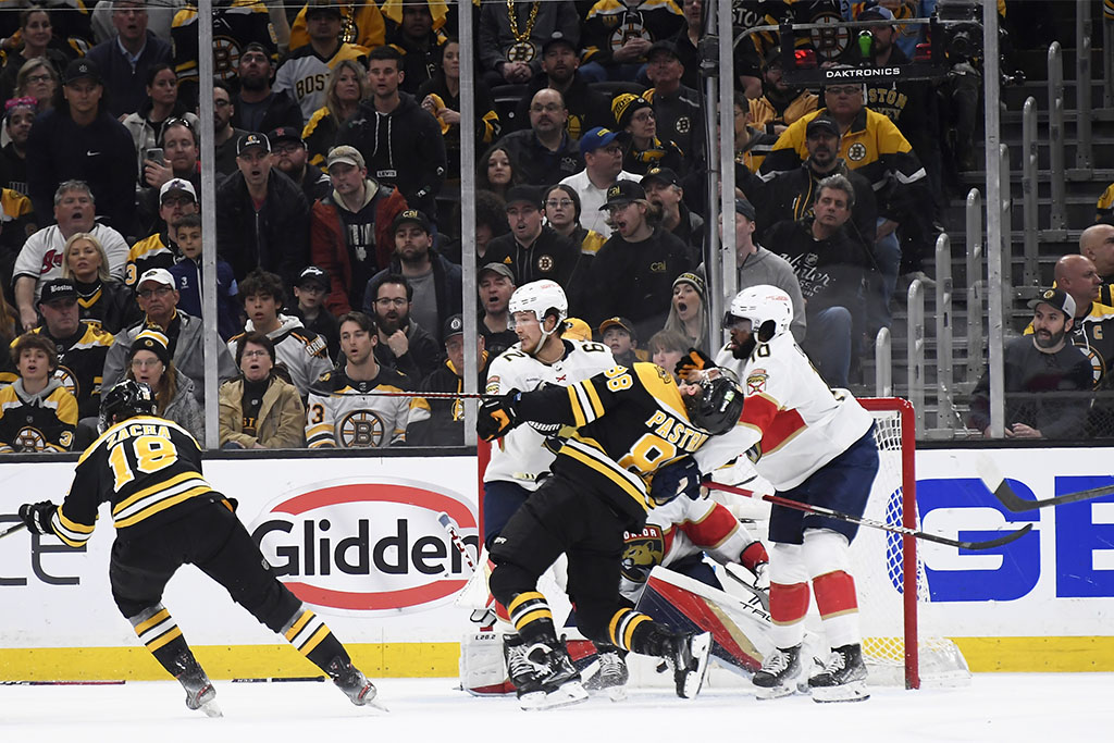 Apr 30, 2023; Boston, Massachusetts, USA; Florida Panthers defenseman Brandon Montour (62) is called for a roughing penalty on Boston Bruins right wing David Pastrnak (88) during the second period in game seven of the first round of the 2023 Stanley Cup Playoffs at TD Garden. Mandatory Credit: Bob DeChiara-USA TODAY Sports