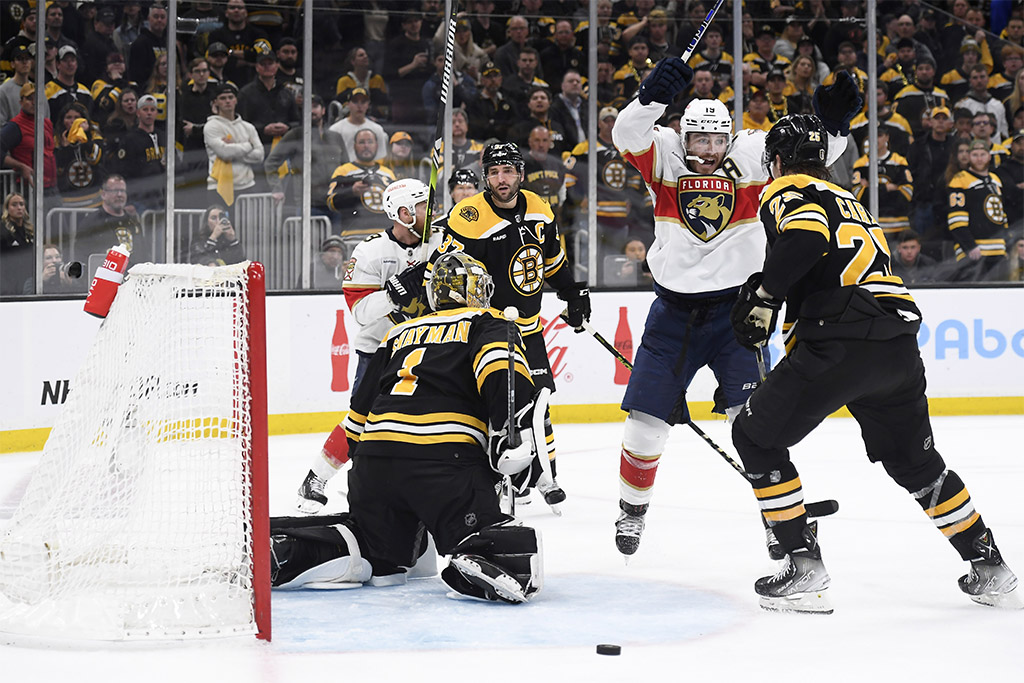 Apr 30, 2023; Boston, Massachusetts, USA; Florida Panthers left wing Matthew Tkachuk (19) reacts on the winning goal during overtime in game seven of the first round of the 2023 Stanley Cup Playoffs against the Boston Bruins at TD Garden. Mandatory Credit: Bob DeChiara-USA TODAY Sports