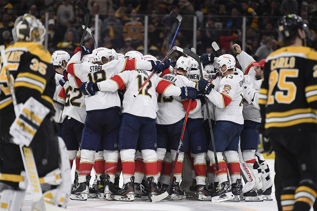 Apr 26, 2023; Boston, Massachusetts, USA; The Florida Panthers celebrate their overtime victory over the Boston Bruins in game five of the first round of the 2023 Stanley Cup Playoffs at TD Garden. Mandatory Credit: Bob DeChiara-USA TODAY Sports