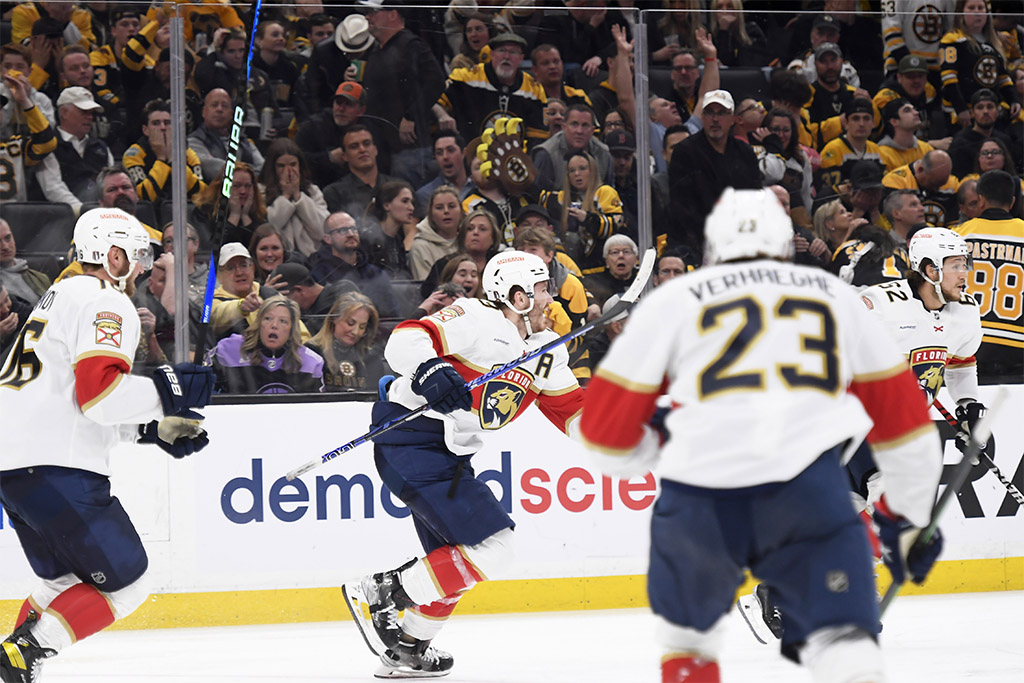 Apr 26, 2023; Boston, Massachusetts, USA; Florida Panthers left wing Matthew Tkachuk (19) reacts after scoring the winning goal during overtime in game five of the first round of the 2023 Stanley Cup Playoffs against the Boston Bruins at TD Garden. Mandatory Credit: Bob DeChiara-USA TODAY Sports