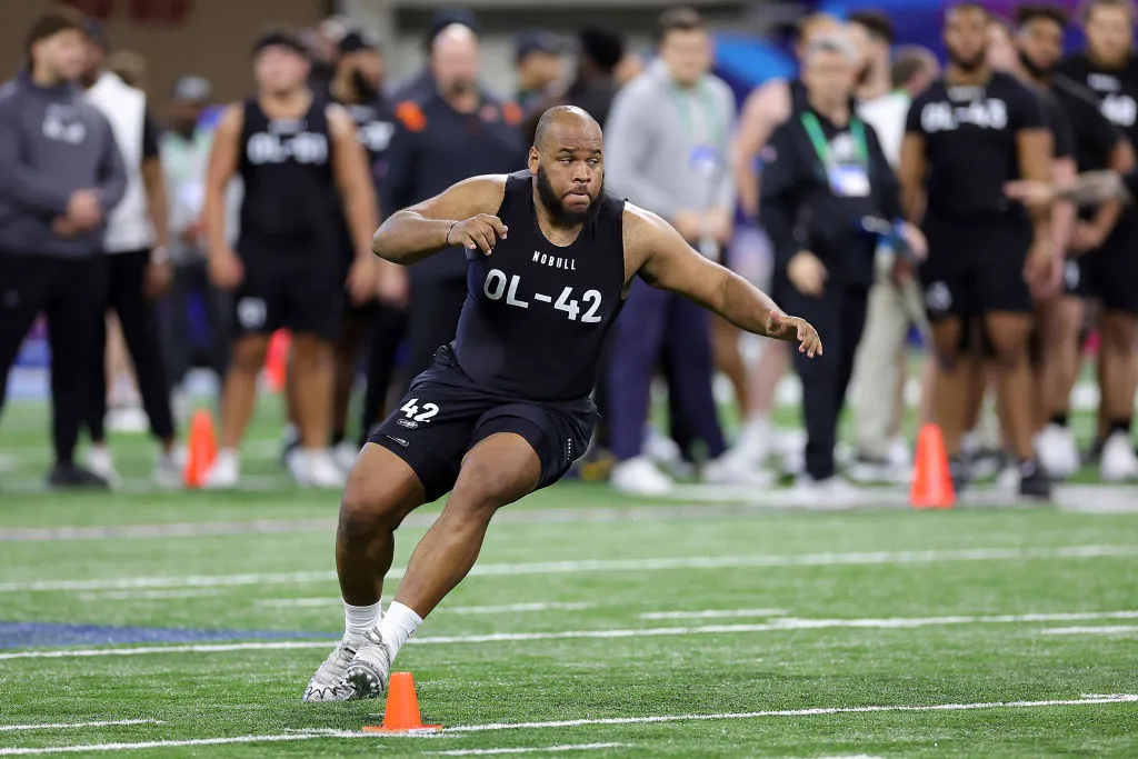 INDIANAPOLIS, INDIANA - MARCH 05: Sidy Sow of Eastern Michigan participates in a drill during the NFL Combine at Lucas Oil Stadium on March 05, 2023 in Indianapolis, Indiana. (Photo by Stacy Revere/Getty Images)