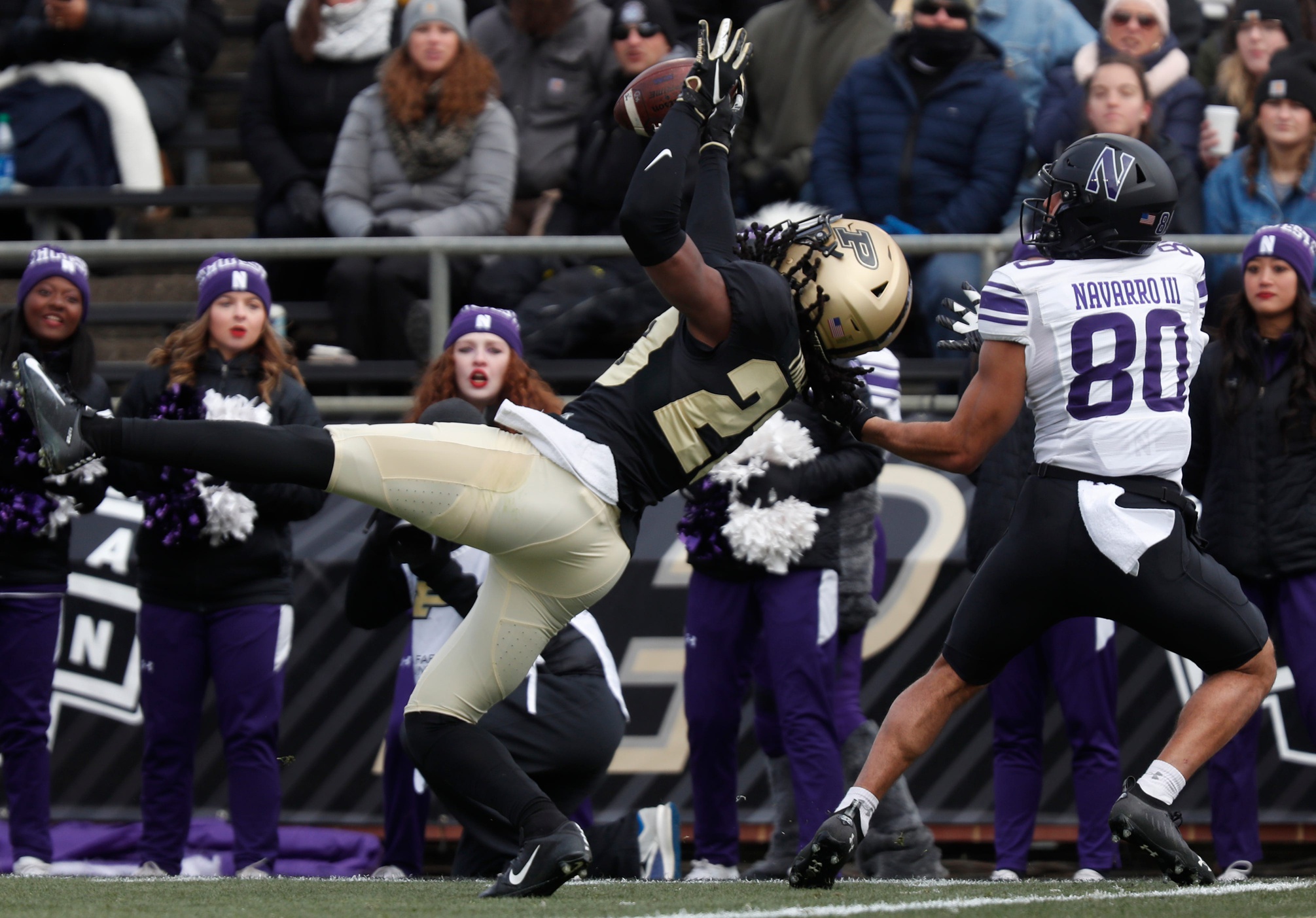Purdue Boilermakers cornerback Cory Trice (23) deflects the pass intended for Northwestern Wildcats wide receiver Donny Navarro III (80) during the NCAA football game, Saturday, Nov. 19, 2022, at Ross-Ade Stadium in West Lafayette, Ind. Purdue won 17-9. (Alex Martin/Journal and Courier/USA Today Network)