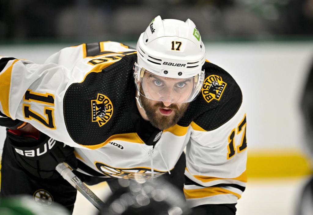 Feb 14, 2023; Dallas, Texas, USA; Boston Bruins left wing Nick Foligno (17) waits for the face-off in the Dallas Stars zone during the third period at the American Airlines Center. Mandatory Credit: Jerome Miron-USA TODAY Sports