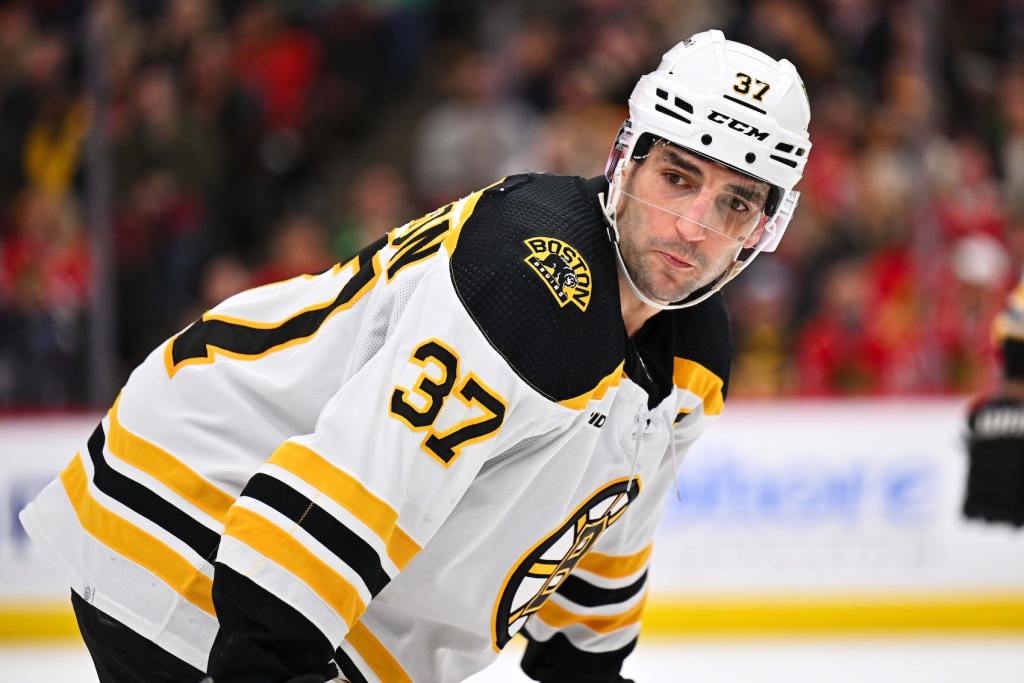 Mar 14, 2023; Chicago, Illinois, USA; Boston Bruins forward Patrice Bergeron (37) skates against the Chicago Blackhawks at United Center. Mandatory Credit: Jamie Sabau-USA TODAY Sports