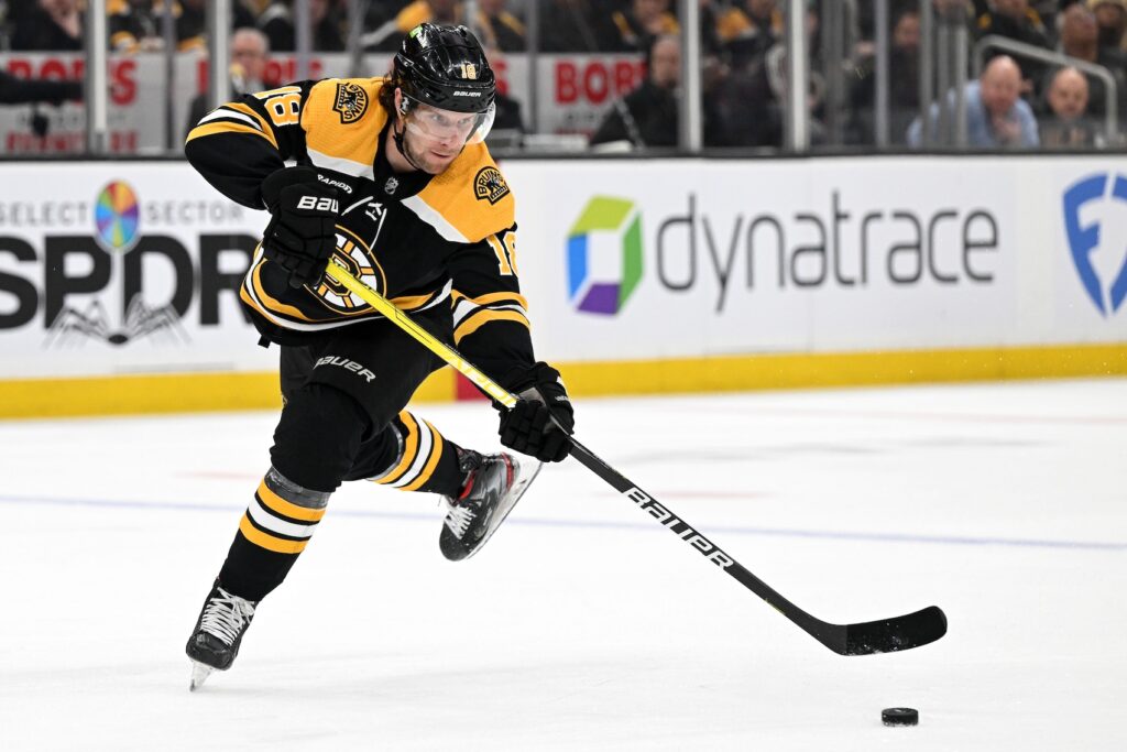 Apr 17, 2023; Boston, Massachusetts, USA; Boston Bruins center Pavel Zacha (18) passes the puck against the Florida Panthers during the first period of game one of the first round of the 2023 Stanley Cup Playoffs at TD Garden. Mandatory Credit: Brian Fluharty-USA TODAY Sports