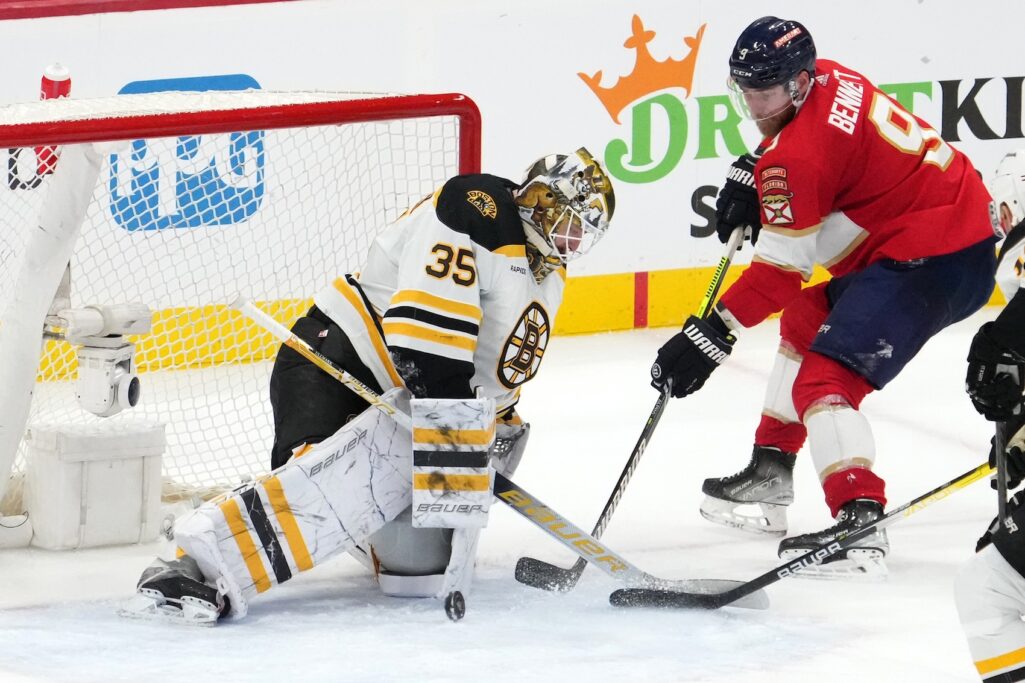 Apr 23, 2023; Sunrise, Florida, USA; Boston Bruins goaltender Linus Ullmark (35) blocks the shot of Florida Panthers center Sam Bennett (9) during the third period of game four in the first round of the 2023 Stanley Cup Playoffs at FLA Live Arena. Mandatory Credit: Jasen Vinlove-USA TODAY Sports