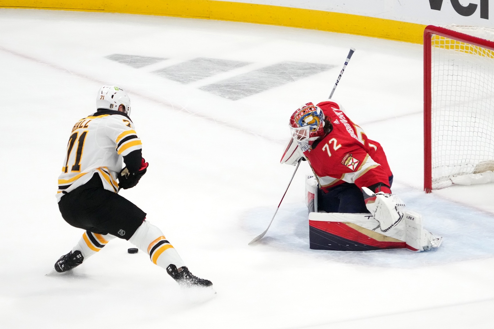 Apr 23, 2023; Sunrise, Florida, USA; Boston Bruins left wing Taylor Hall (71) advances the puck on Florida Panthers goaltender Sergei Bobrovsky (72) during the third period of game four in the first round of the 2023 Stanley Cup Playoffs at FLA Live Arena. Mandatory Credit: Jasen Vinlove-USA TODAY Sports