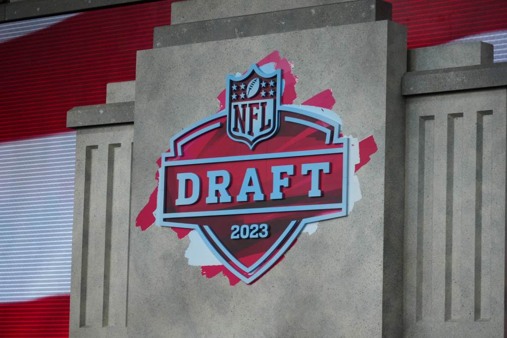 Apr 26, 2023; Kansas City, MO, USA; The 2023 NFL Draft logo on the main stage at Union Station. Credit: Kirby Lee-USA TODAY Sports