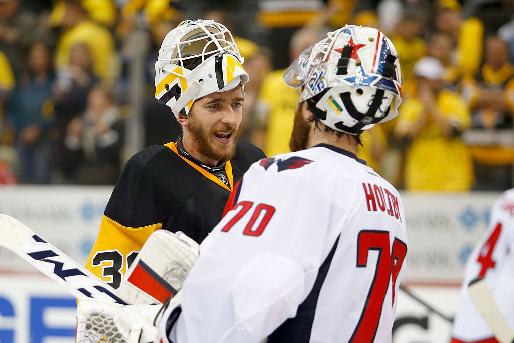 PITTSBURGH, PA - MAY 10: Matt Murray #30 of the Pittsburgh Penguins and Braden Holtby #70 of the Washington Capitals shake hands after the Pittsburgh Penguins defeated the Washington Capitals 4-3 in Game Six of the Eastern Conference Second Round during the 2016 NHL Stanley Cup Playoffs at Consol Energy Center on May 10, 2016 in Pittsburgh, Pennsylvania. (Photo by Justin K. Aller/Getty Images)