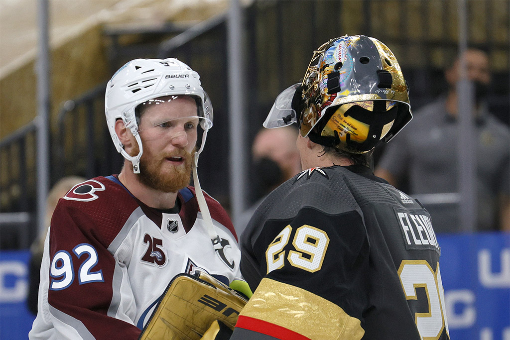 LAS VEGAS, NEVADA - JUNE 10: Gabriel Landeskog #92 of the Colorado Avalanche shakes hands with Marc-Andre Fleury #29 of the Vegas Golden Knights after the Golden Knights defeated the Avalanche 6-3 in Game Six of the Second Round of the 2021 Stanley Cup Playoffs at T-Mobile Arena on June 10, 2021 in Las Vegas, Nevada. (Photo by Ethan Miller/Getty Images)