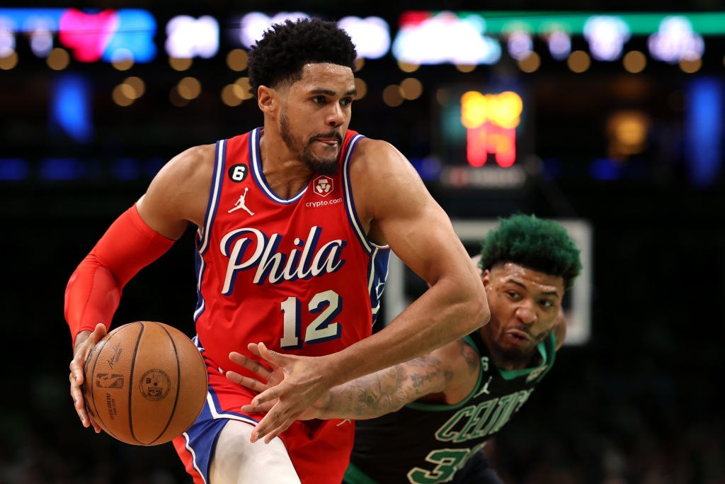 BOSTON, MASSACHUSETTS - MAY 01: Tobias Harris #12 of the Philadelphia 76ers drives towards the basket against Marcus Smart #36 of the Boston Celtics during the first quarter in game one of the Eastern Conference Second Round Playoffs at TD Garden on May 01, 2023 in Boston, Massachusetts. (Photo by Maddie Meyer/Getty Images)