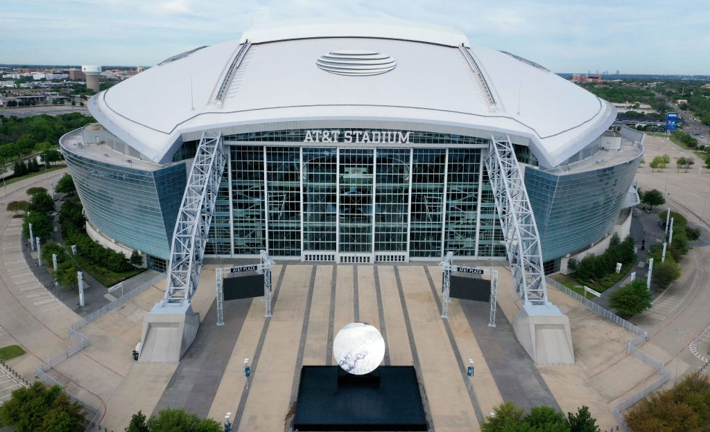 ARLINGTON, TEXAS - APRIL 01: An aerial drone view of AT&T Stadium, where the Dallas Cowboys NFL football team plays, on April 01, 2020 in Arlington, Texas. (Photo by Tom Pennington/Getty Images)