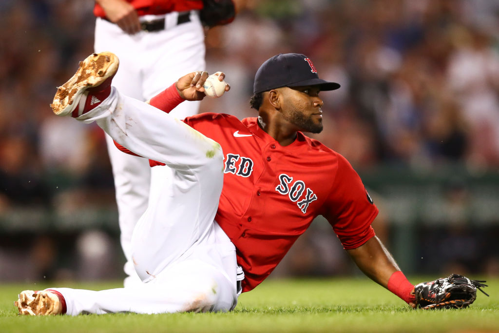 BOSTON, MA - JULY 07:  Franchy Cordero #16 of the Boston Red Sox reacts after missing a fly ball in the fifth inning of a game against the New York Yankees at Fenway Park on July 7, 2022 in Boston, Massachusetts.  (Photo by Adam Glanzman/Getty Images)