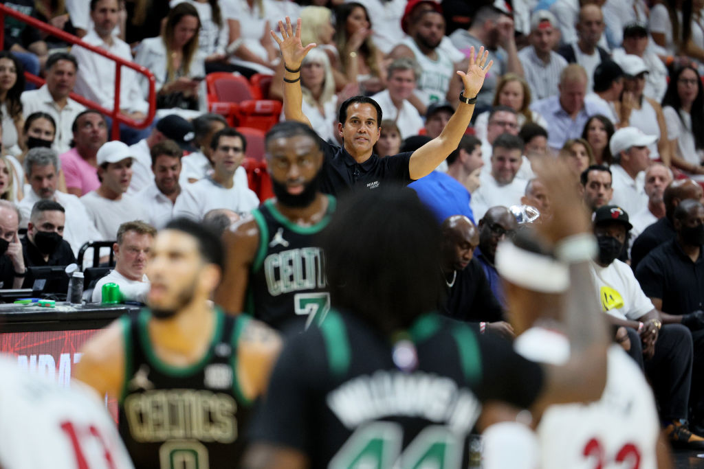 MIAMI, FLORIDA - MAY 25: Head Coach Erik Spoelstra of the Miami Heat reacts against the Boston Celtics during the third quarter in Game Five of the 2022 NBA Playoffs Eastern Conference Finals at FTX Arena on May 25, 2022 in Miami, Florida. (Photo by Andy Lyons/Getty Images)