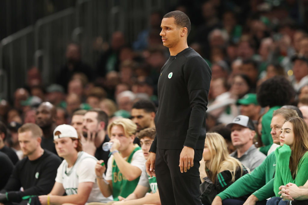 BOSTON, MASSACHUSETTS - MAY 19: The Boston Celtics head coach Joe Mazzulla looks on against the Miami Heat during the first quarter in game two of the Eastern Conference Finals at TD Garden on May 19, 2023 in Boston, Massachusetts. (Photo by Adam Glanzman/Getty Images)