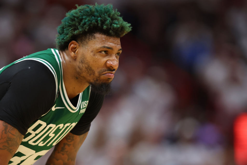 MIAMI, FLORIDA - MAY 27: Marcus Smart #36 of the Boston Celtics looks on against the Miami Heat during the fourth quarter in game six of the Eastern Conference Finals at Kaseya Center on May 27, 2023 in Miami, Florida. (Photo by Mike Ehrmann/Getty Images)