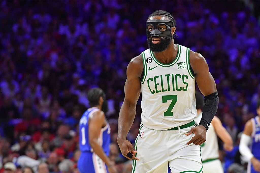 May 7, 2023; Philadelphia, Pennsylvania, USA; Boston Celtics guard Jaylen Brown (7) reacts after making a three point basket against the Philadelphia 76ers during the first quarter of game four of the 2023 NBA playoffs at Wells Fargo Center. Mandatory Credit: Eric Hartline-USA TODAY Sports