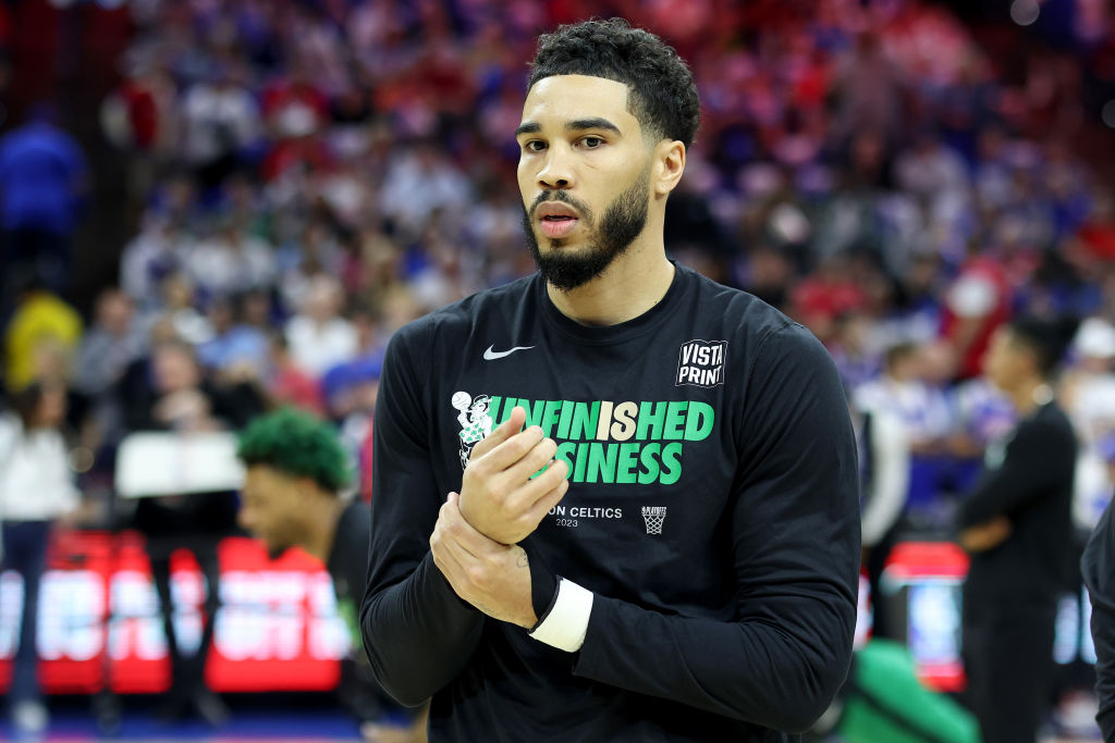 PHILADELPHIA, PENNSYLVANIA - MAY 07: Jayson Tatum #0 of the Boston Celtics warms up prior to game four of the Eastern Conference Second Round Playoffs against the Philadelphia 76ers at Wells Fargo Center on May 07, 2023 in Philadelphia, Pennsylvania. (Photo by Tim Nwachukwu/Getty Images)