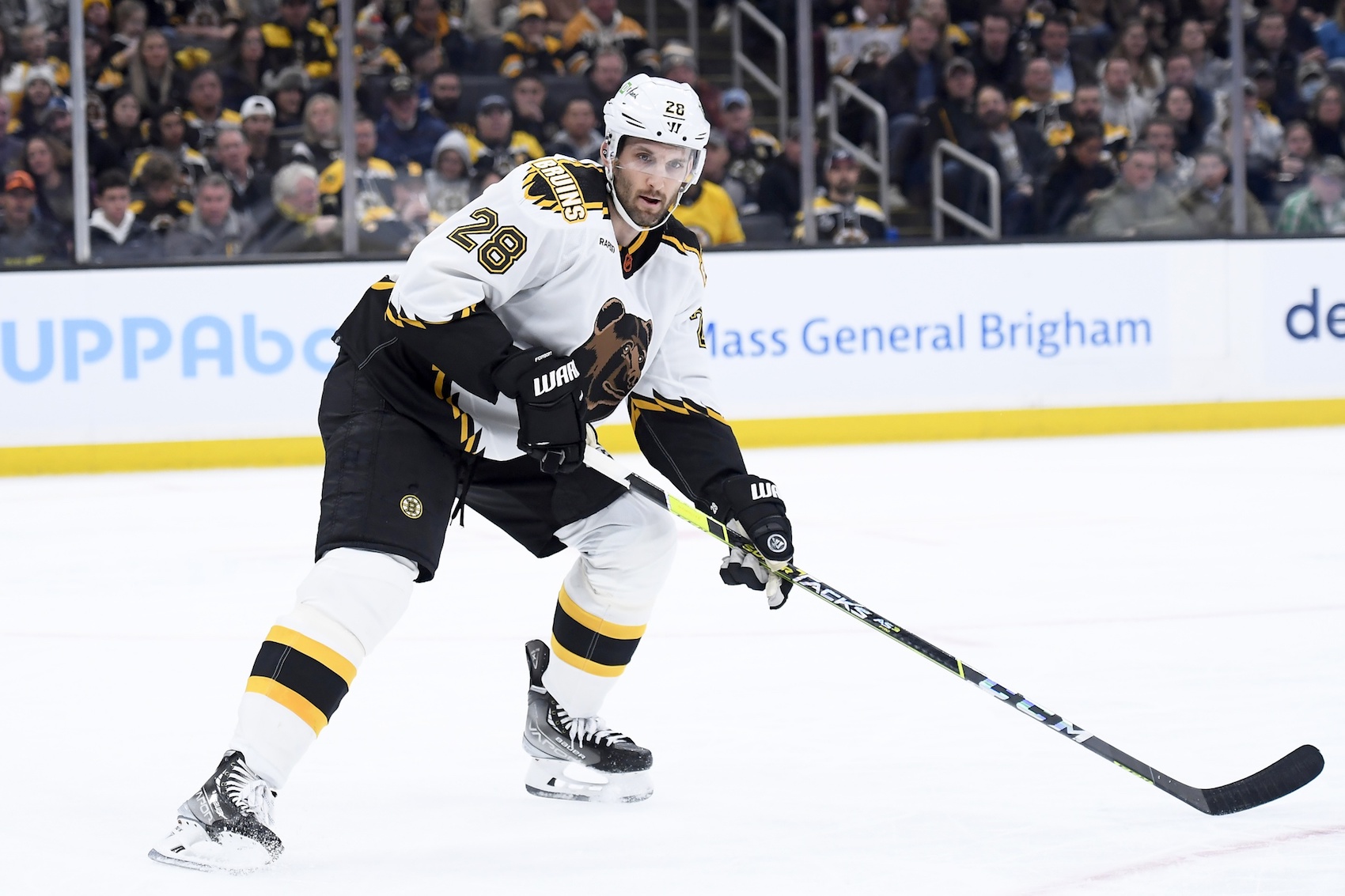 Nov 29, 2022; Boston, Massachusetts, USA; Boston Bruins defenseman Derek Forbort (28) watches the play during the second period against the Tampa Bay Lightning at TD Garden. Mandatory Credit: Bob DeChiara-USA TODAY Sports