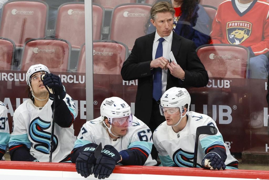 Dec 11, 2022; Sunrise, Florida, USA; Seattle Kraken head coach Dave Hakstol looks on from the bench during the third period against the Florida Panthers  at FLA Live Arena. Mandatory Credit: Sam Navarro-USA TODAY Sports