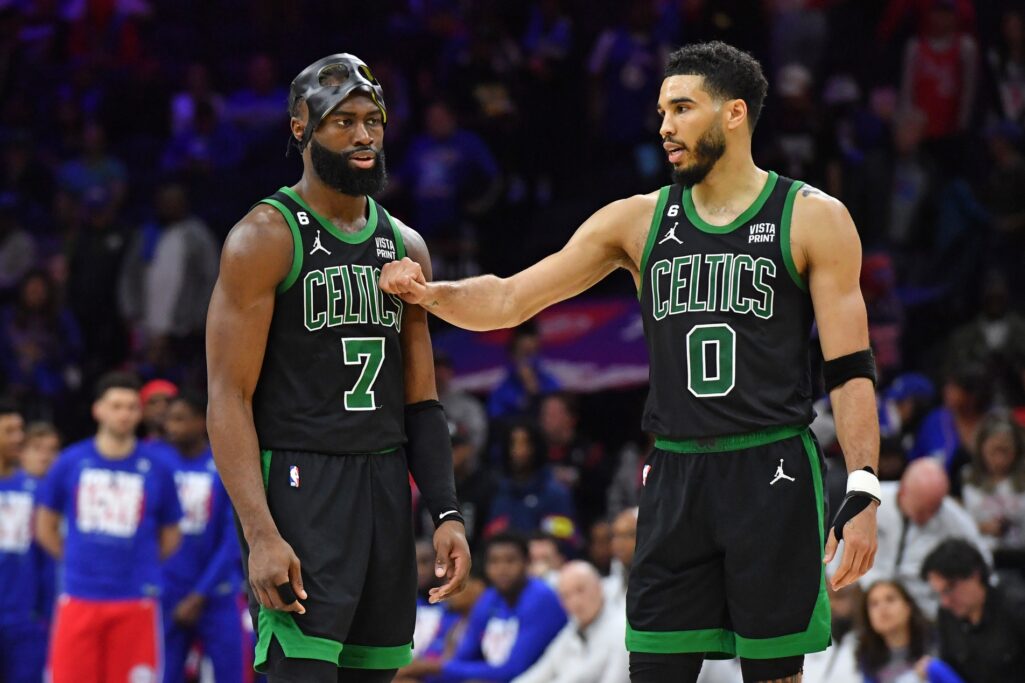 May 5, 2023; Philadelphia, Pennsylvania, USA; Boston Celtics guard Jaylen Brown (7) and forward Jayson Tatum (0) celebrate during final minute of win against the Philadelphia 76ers during the fourth quarter of game three of the 2023 NBA playoff at Wells Fargo Center. Credit: Eric Hartline-USA TODAY Sports