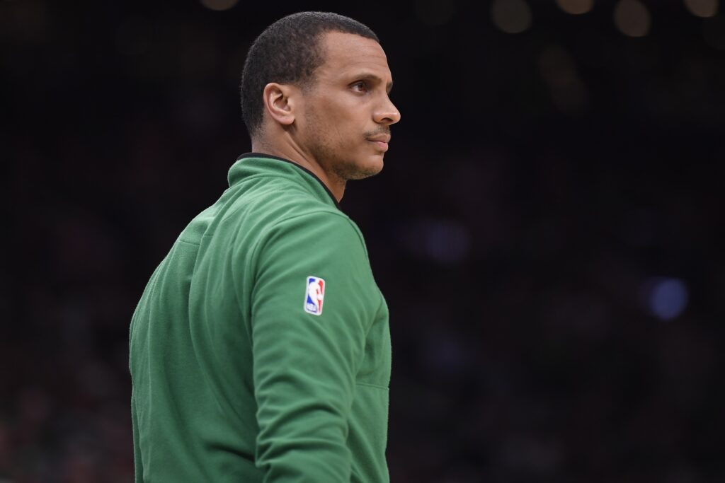 May 9, 2023; Boston, Massachusetts, USA; Boston Celtics head coach Joe Mazzulla in the first half during game five of the 2023 NBA playoffs against the Philadelphia 76ers at TD Garden. Credit: Bob DeChiara-USA TODAY Sports