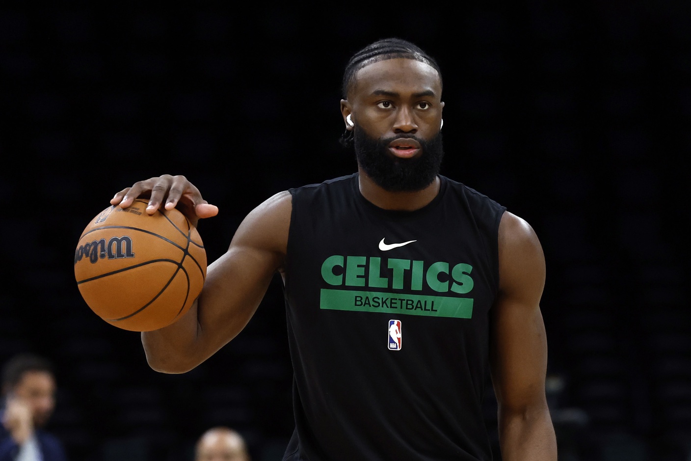 May 29, 2023; Boston, Massachusetts, USA; Boston Celtics guard Jaylen Brown (7) warms up before game seven against the Miami Heat in the Eastern Conference Finals for the 2023 NBA playoffs at TD Garden. Mandatory Credit: Winslow Townson-USA TODAY Sports