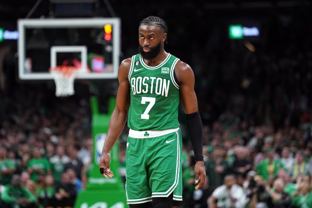 May 29, 2023; Boston, Massachusetts, USA; Boston Celtics guard Jaylen Brown (7) reacts in the second quarter against the Miami Heat during game seven of the Eastern Conference Finals for the 2023 NBA playoffs at TD Garden. Mandatory Credit: David Butler II-USA TODAY Sports