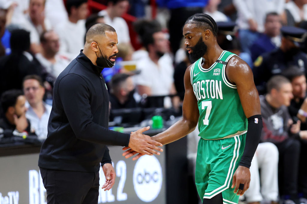 MIAMI, FLORIDA - MAY 19: Head coach Ime Udoka and Jaylen Brown #7 of the Boston Celtics high five during the first quarter against the Miami Heat in Game Two of the 2022 NBA Playoffs Eastern Conference Finals at FTX Arena on May 19, 2022 in Miami, Florida. NOTE TO USER: User expressly acknowledges and agrees that, by downloading and or using this photograph, User is consenting to the terms and conditions of the Getty Images License Agreement. (Photo by Michael Reaves/Getty Images)