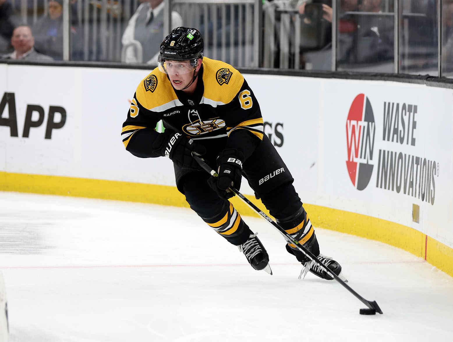 BOSTON, MASSACHUSETTS - OCTOBER 25: Mike Reilly #6 of the Boston Bruins skates against the Dallas Stars  during the second period at TD Garden on October 25, 2022 in Boston, Massachusetts. (Photo by Maddie Meyer/Getty Images)