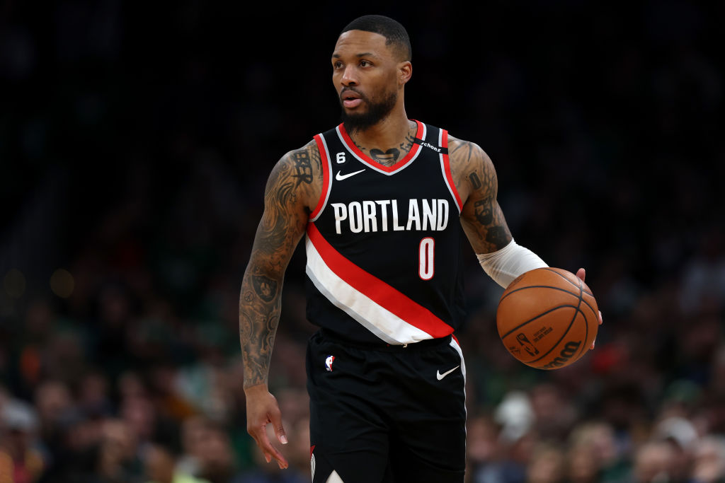 BOSTON, MASSACHUSETTS - MARCH 08: Damian Lillard #0 of the Portland Trail Blazers dribbles against the Boston Celtics at TD Garden on March 08, 2023 in Boston, Massachusetts. (Photo by Maddie Meyer/Getty Images)