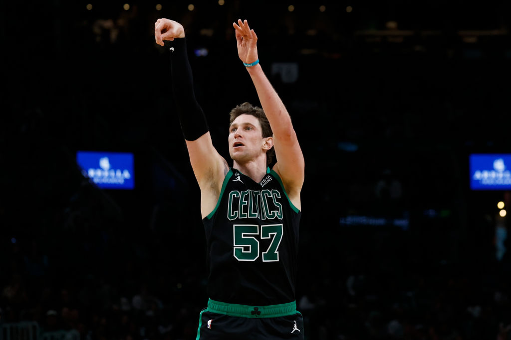 BOSTON, MA - APRIL 9: Mike Muscala #57 of the Boston Celtics  during the second half against the Atlanta Hawks at TD Garden on April 9, 2023 in Boston, Massachusetts. NOTE TO USER: User expressly acknowledges and agrees that, by downloading and/or using this Photograph, user is consenting to the terms and conditions of the Getty Images License Agreement. (Photo By Winslow Townson/Getty Images)