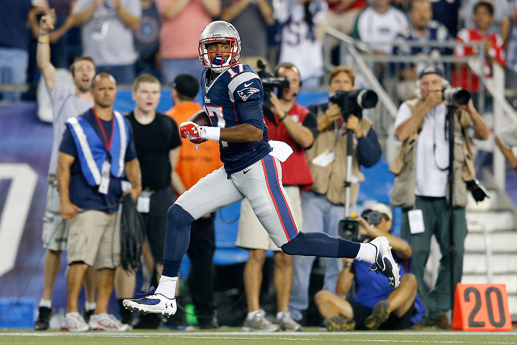 FOXBORO, MA - SEPTEMBER 12: Wide receiver Aaron Dobson #17 of the New England Patriots celebrates as he runs to score on a 39-yard catch in the first quarter against the New York Jets at Gillette Stadium on September 12, 2013 in Foxboro, Massachusetts. (Photo by Jim Rogash/Getty Images)