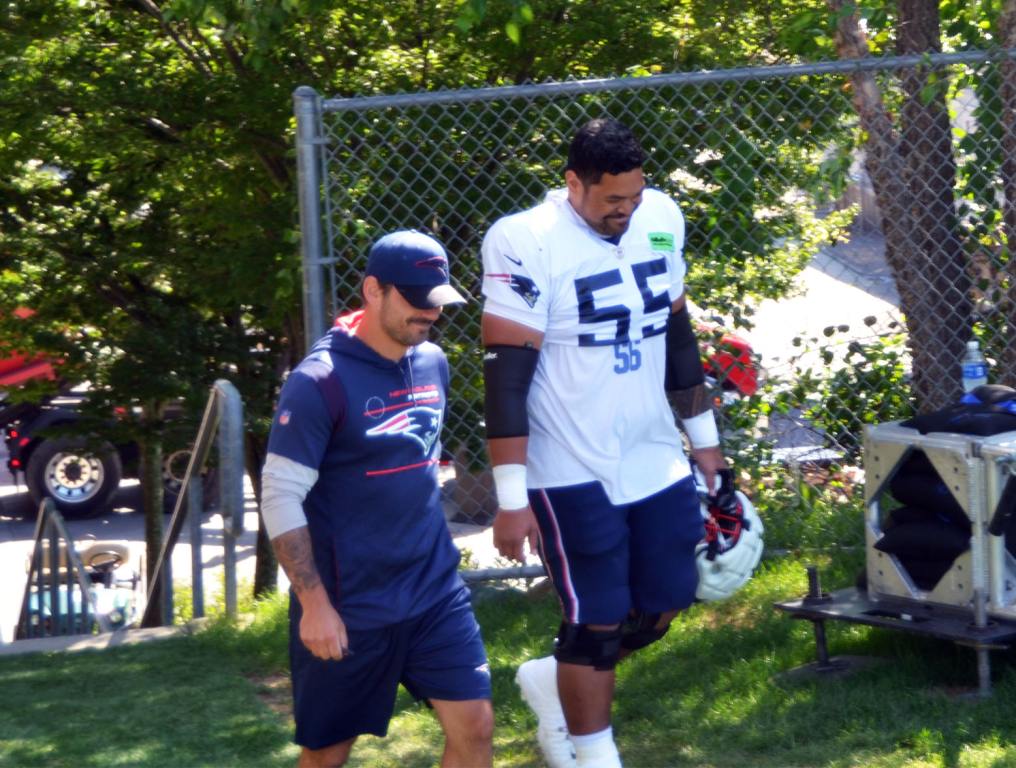 Atonio Mafi of the New England Patriots takes the field before practice at 2023 training camp in Foxboro. (Credit: 98.5 The Sports Hub)(Credit: 98.5 The Sports Hub)