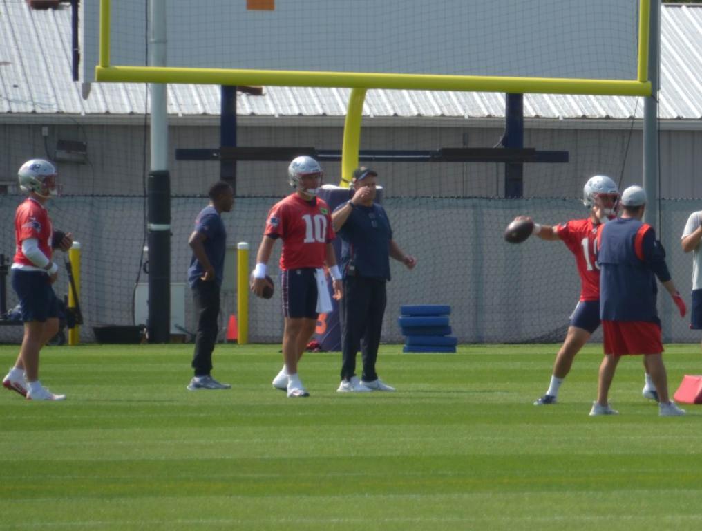 QBs Mac Jones, Bailey Zappe, and Trace McSorley at Patriots training camp (Alex Barth/98.5 The Sports Hub)