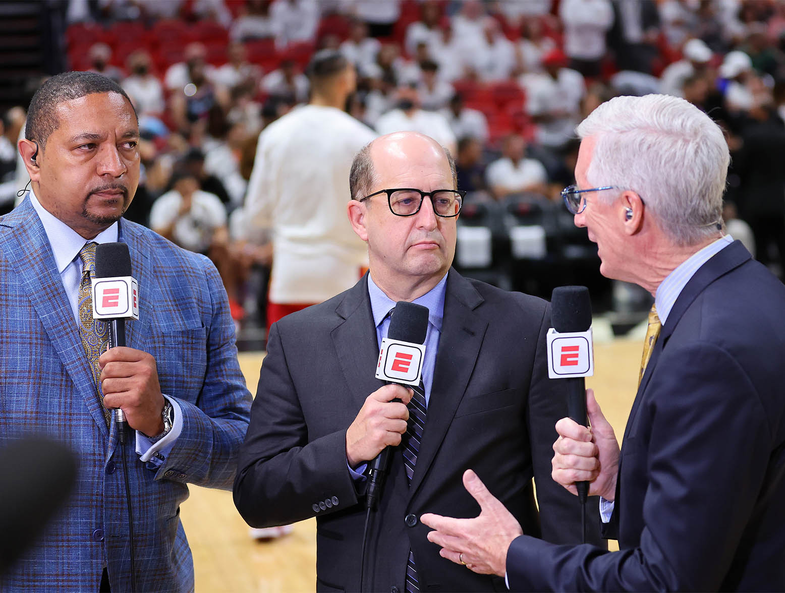 MIAMI, FLORIDA - MAY 19: ESPN Analysts, Mark Jackson, Jeff Van Gundy, and Mike Breen look on prior to Game Two of the 2022 NBA Playoffs Eastern Conference Finals between the Miami Heat and the Boston Celtics at FTX Arena on May 19, 2022 in Miami, Florida. NOTE TO USER: User expressly acknowledges and agrees that, by downloading and or using this photograph, User is consenting to the terms and conditions of the Getty Images License Agreement. (Photo by Michael Reaves/Getty Images)