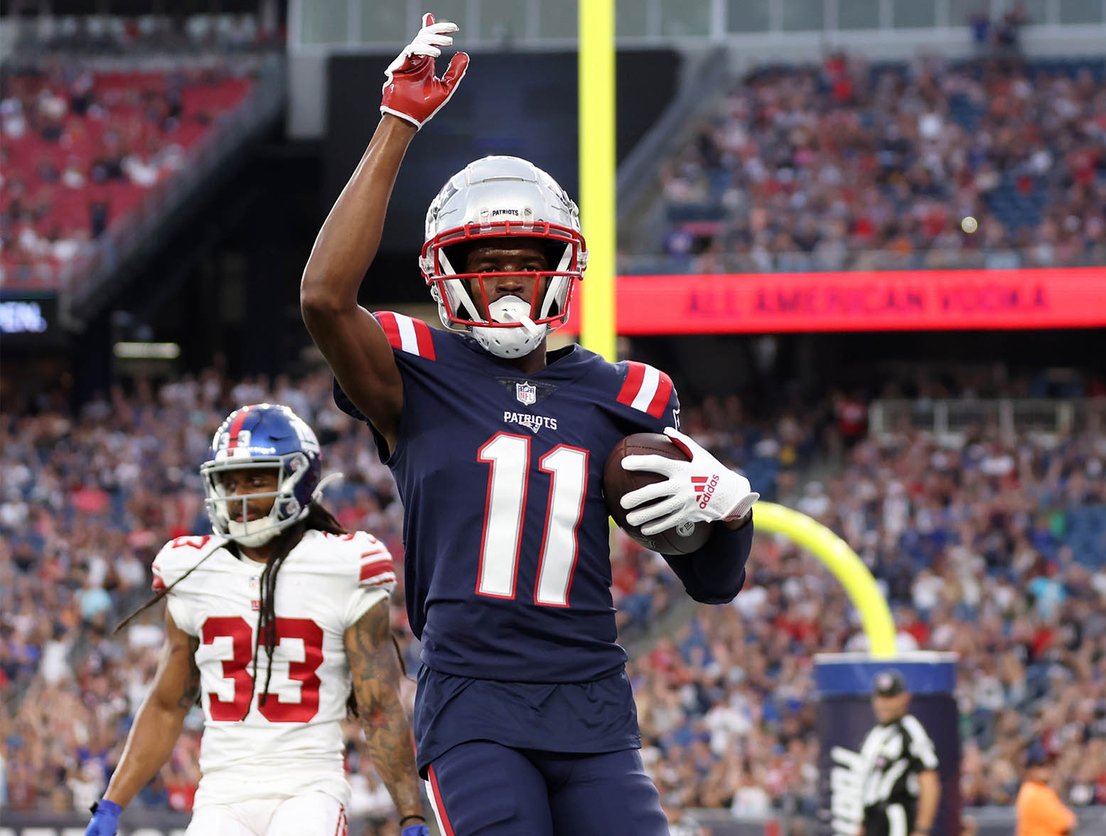 FOXBOROUGH, MASSACHUSETTS - AUGUST 11: Tyquan Thornton #11 of the New England Patriots celebrates after scoring a touchdown during the preseason game between the New York Giants and the New England Patriots at Gillette Stadium on August 11, 2022 in Foxborough, Massachusetts. (Photo by Maddie Meyer/Getty Images)