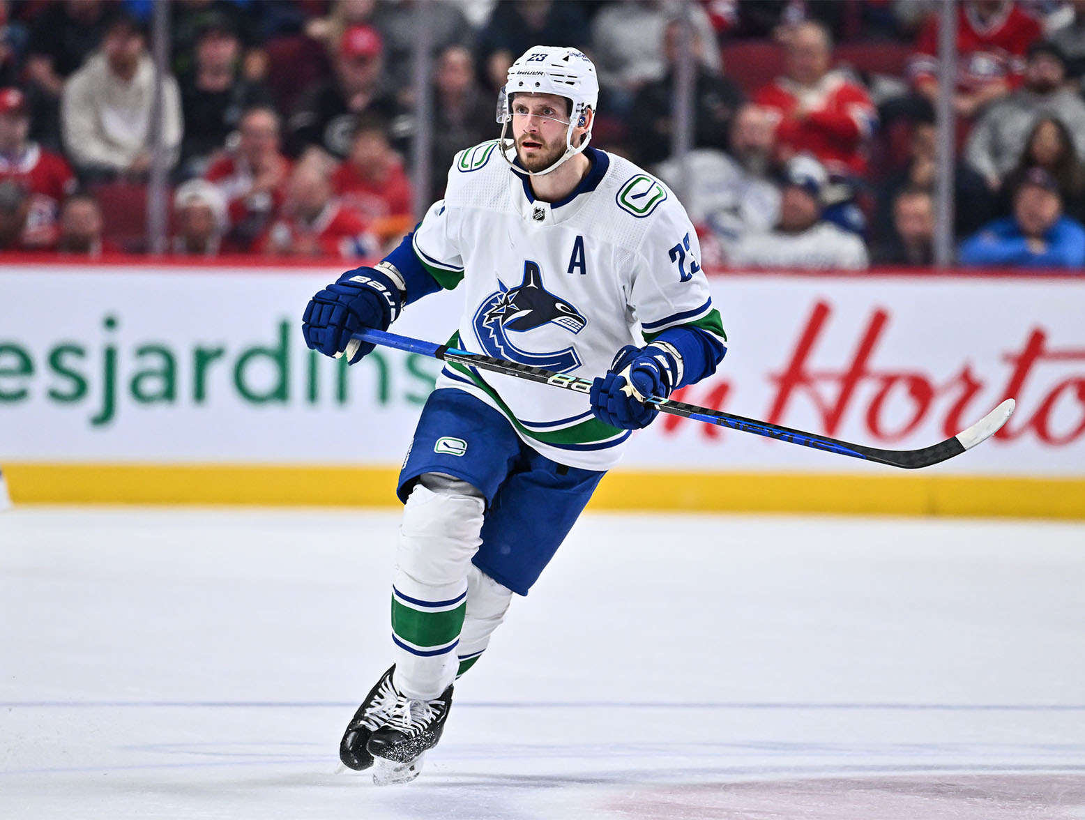 MONTREAL, CANADA - NOVEMBER 09: Oliver Ekman-Larsson #23 of the Vancouver Canucks skates against the Montreal Canadiens during the third period at Centre Bell on November 9, 2022 in Montreal, Quebec, Canada. The Montreal Canadiens defeated the Vancouver Canucks 5-2. (Photo by Minas Panagiotakis/Getty Images)