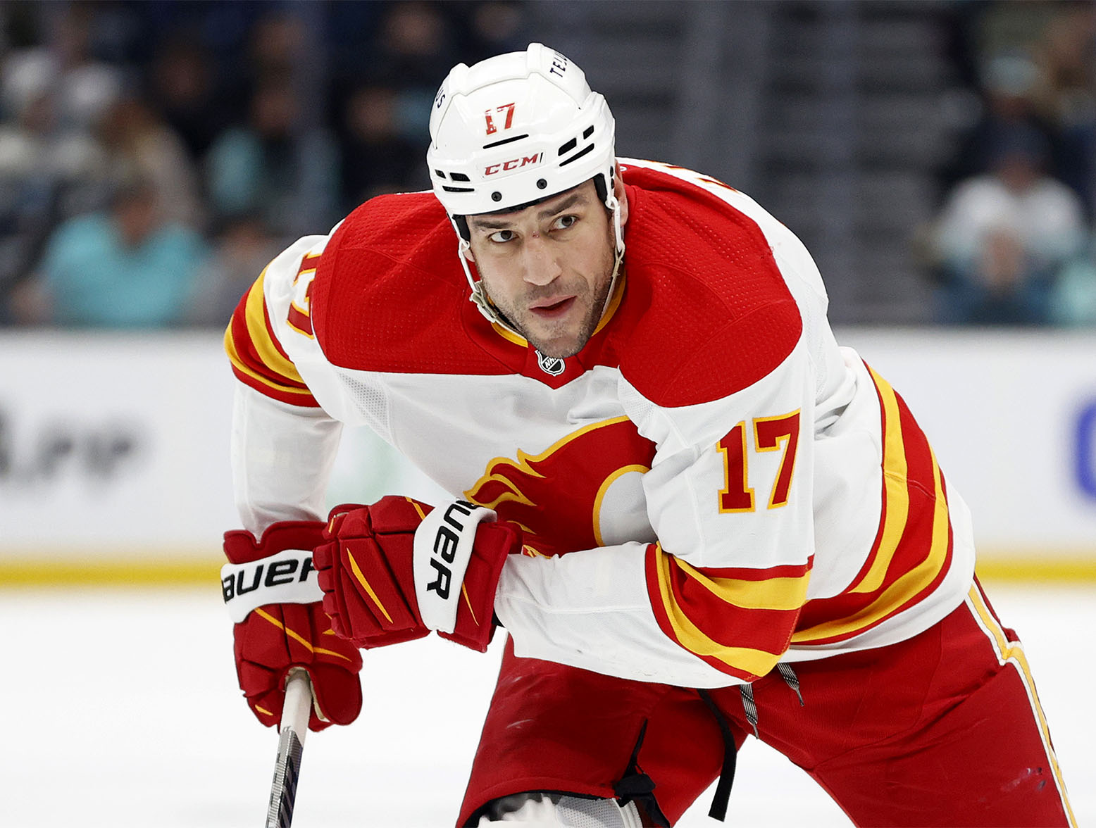 SEATTLE, WASHINGTON - DECEMBER 28: Milan Lucic #17 of the Calgary Flames skates against the Seattle Kraken during the first period at Climate Pledge Arena on December 28, 2022 in Seattle, Washington. (Photo by Steph Chambers/Getty Images)