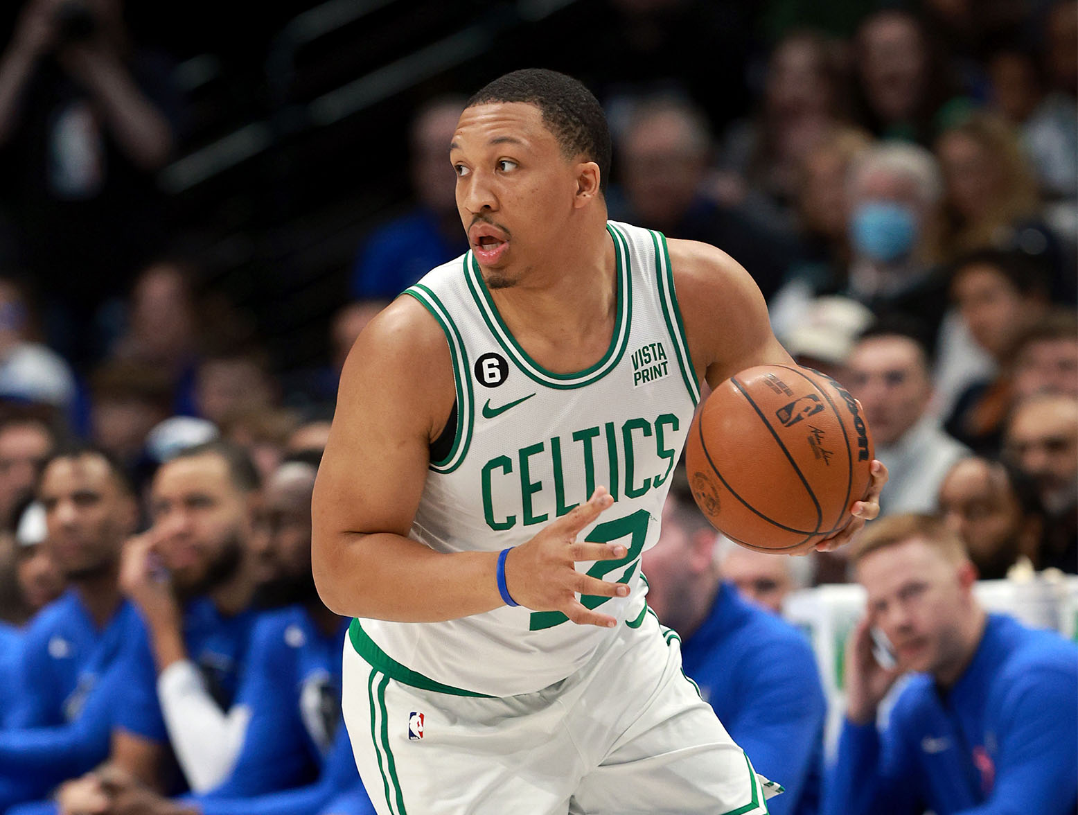 DALLAS, TEXAS - JANUARY 05: Grant Williams #12 of the Boston Celtics dribbles the ball down court against the Dallas Mavericks in the second half at American Airlines Center on January 05, 2023 in Dallas, Texas. NOTE TO USER: User expressly acknowledges and agrees that, by downloading and or using this photograph, User is consenting to the terms and conditions of the Getty Images License Agreement. (Photo by Tom Pennington/Getty Images)