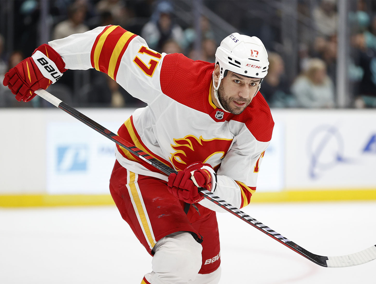 SEATTLE, WASHINGTON - JANUARY 27: Milan Lucic #17 of the Calgary Flames skates during the third period against the Seattle Kraken at Climate Pledge Arena on January 27, 2023 in Seattle, Washington. (Photo by Steph Chambers/Getty Images)