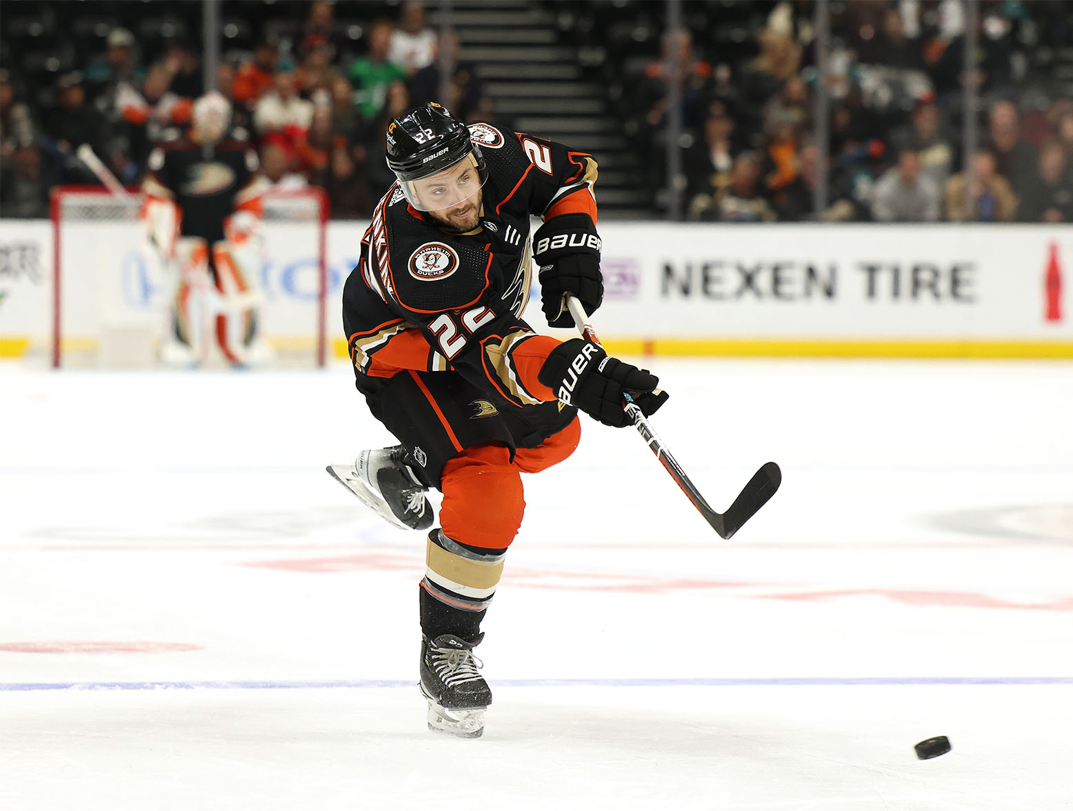 ANAHEIM, CALIFORNIA - MARCH 03: Kevin Shattenkirk #22 of the Anaheim Ducks shoots during a 3-2 Ducks win over the Montreal Canadiens at Honda Center on March 03, 2023 in Anaheim, California. (Photo by Harry How/Getty Images)