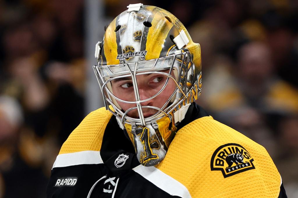 BOSTON, MASSACHUSETTS - APRIL 06: Jeremy Swayman #1 of the Boston Bruins looks on during the second period against the Toronto Maple Leafs at TD Garden on April 06, 2023 in Boston, Massachusetts. (Photo by Maddie Meyer/Getty Images)