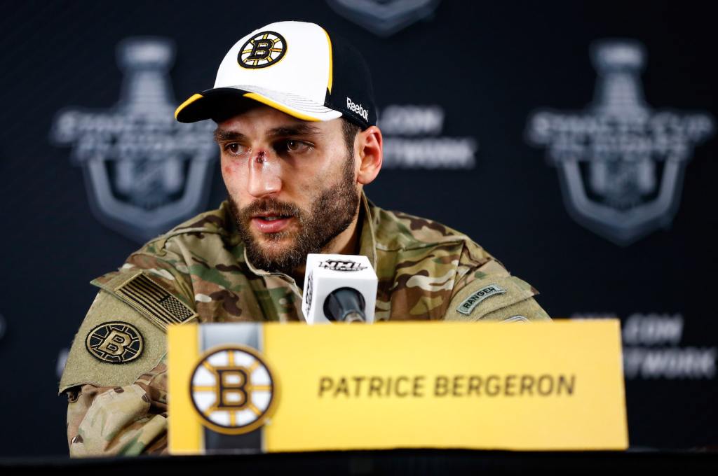 Patrice Bergeron during Game Three of the Eastern Conference Final of the 2013 NHL Stanley Cup Playoffs at the TD Garden on June 5, 2013 in Boston, Massachusetts.