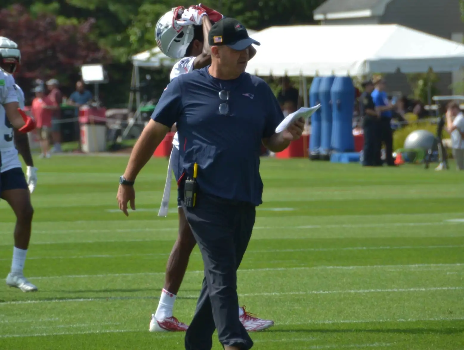 Patriots offensive coordinator Bill O'Brien at Patriots training camp. (Alex Barth/98.5 The Sports Hub)